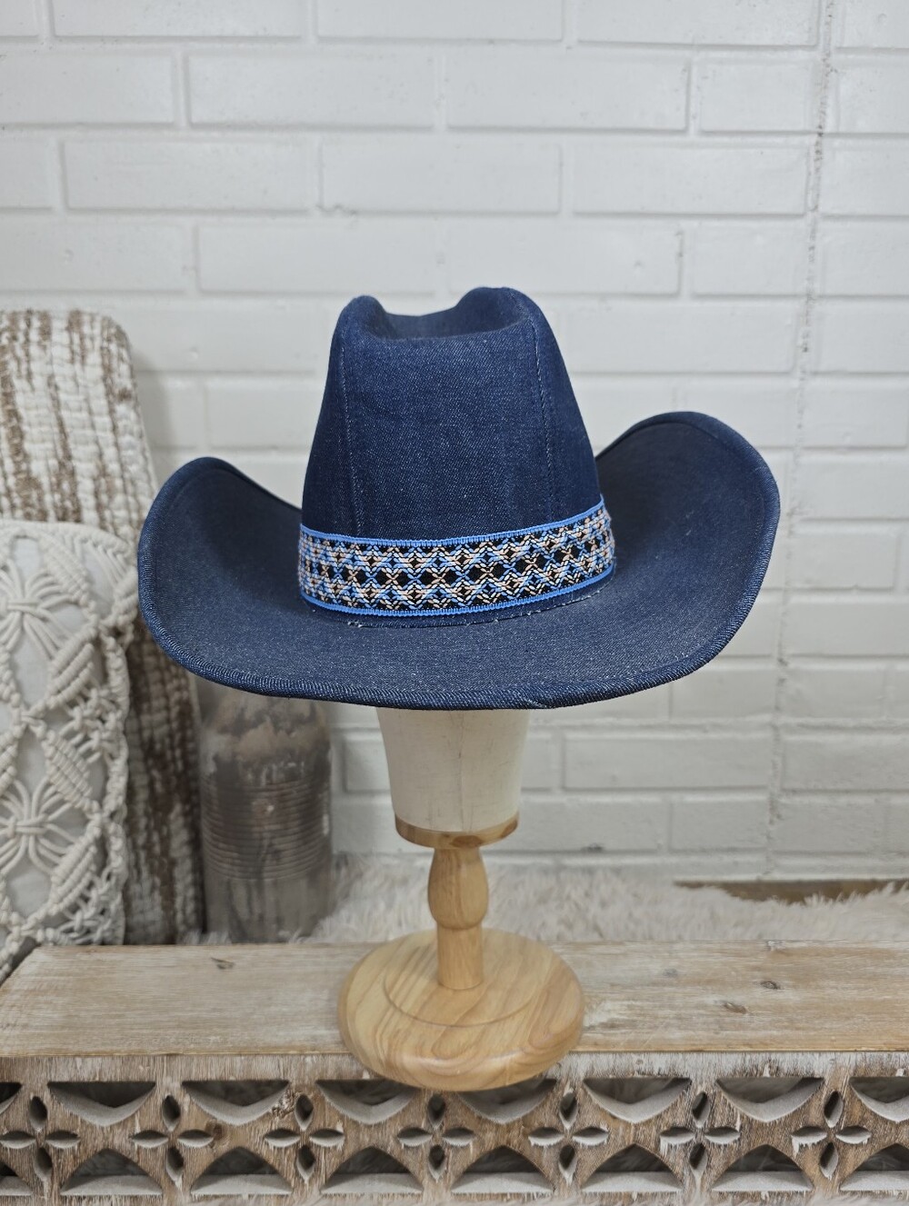 Vintage Youngan Blue Denim Cowboy Hat with Embroidered Band - Picture 4 of 11